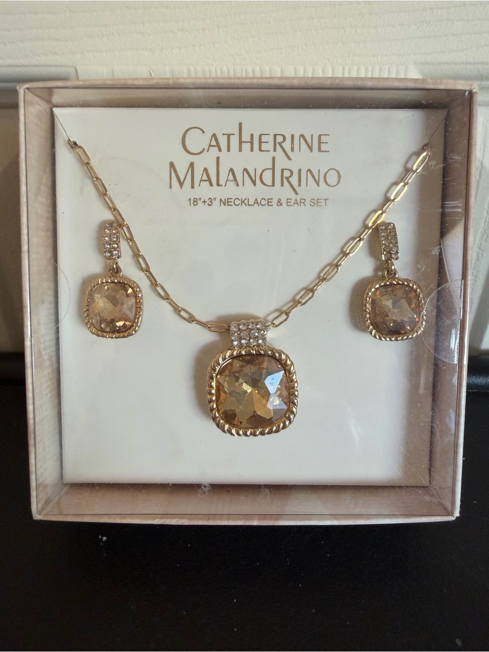 Catherine Malandrino Gold-Tone Champagne Crystal Necklace & Drop Earrings